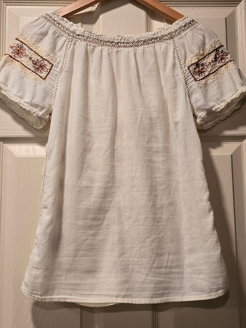 Lucky Brand Boho Embroidered Peasant Top in Ivory with Brown & Rust Accents XS - Picture 2 of 3